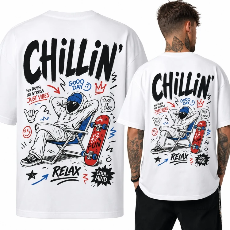 Koszulka męska „Chillin'” - skater na leżaku z deskorolką, duży nadruk na plecach