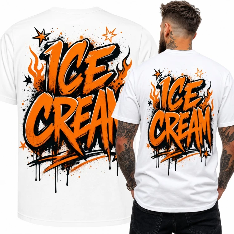 Koszulka męska graffiti „Ice Cream” z płomieniami - duży nadruk na plecach