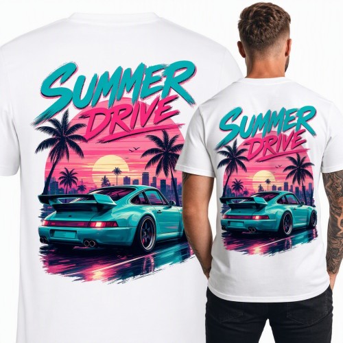 Koszulka męska „Summer Drive” - sportowe auto retro w stylu synthwave - duży nadruk na plecach
