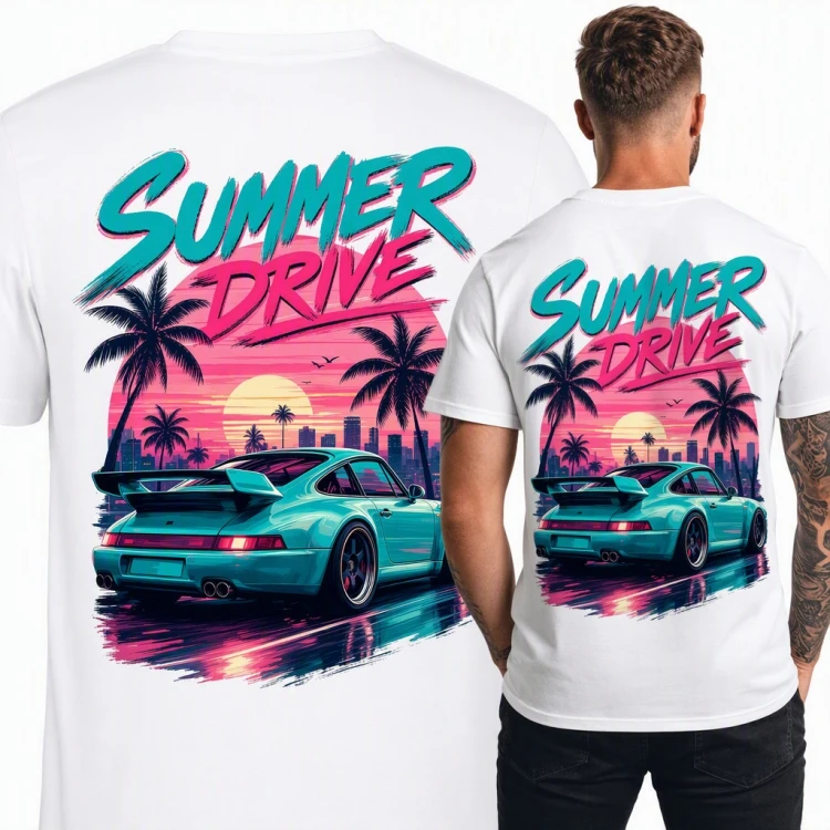 Koszulka męska „Summer Drive” - sportowe auto retro w stylu synthwave - duży nadruk na plecach