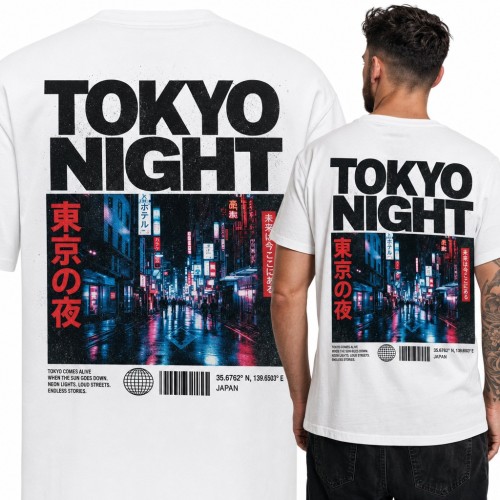 Koszulka męska „Tokyo Night” z neonową ulicą Japonii - duży nadruk na plecach