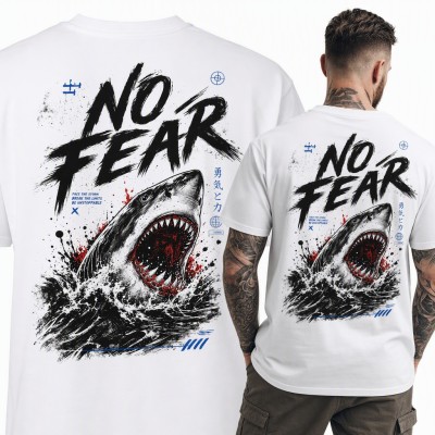 Koszulka męska z rekinem „No fear” i japońskimi znakami - duży nadruk na plecach