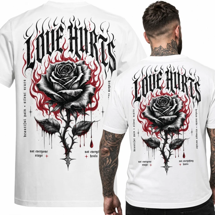 Koszulka męska „Love Hurts” - czarna róża w płomieniach, duży nadruk na plecach