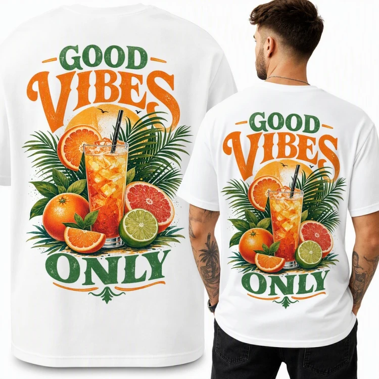Koszulka męska „Good Vibes Only” z tropikalnym drinkiem i cytrusami - duży nadruk na plecach