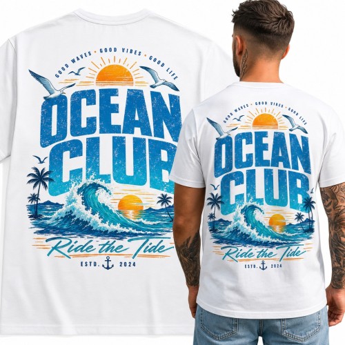 Koszulka męska „Ocean Club” z falą, palmami i zachodem słońca - duży nadruk na plecach