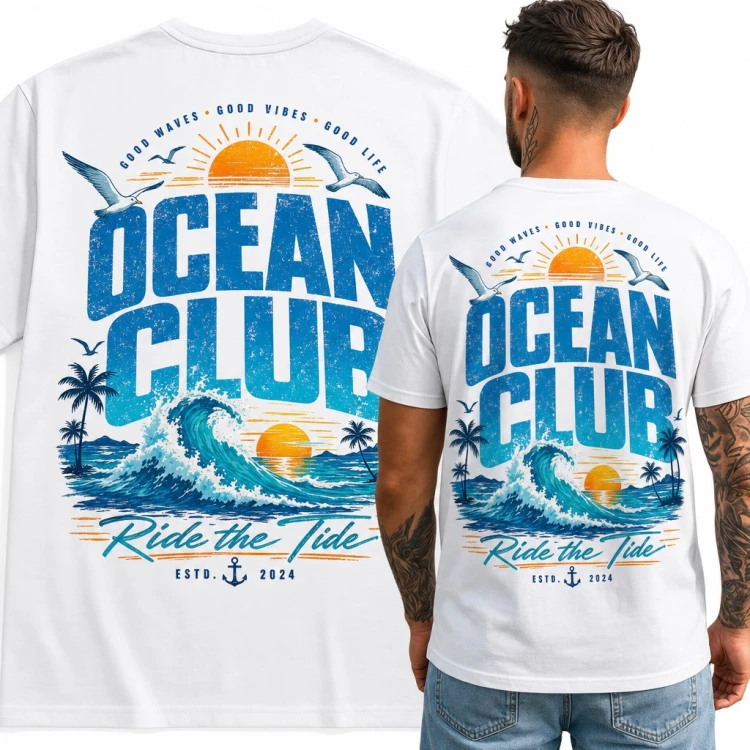Koszulka męska „Ocean Club” z falą, palmami i zachodem słońca - duży nadruk na plecach