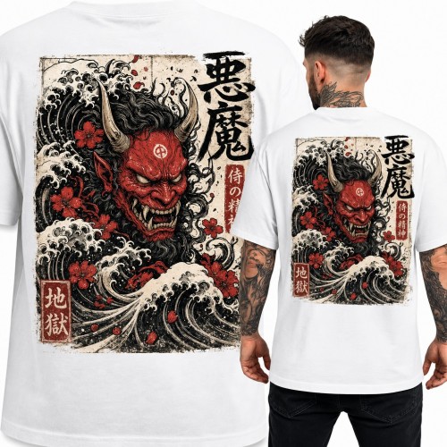 Koszulka męska japoński demon Oni „悪魔” - duży nadruk na plecach