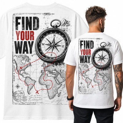 Koszulka męska kompas i mapa świata „Find your way” - duży nadruk na plecach