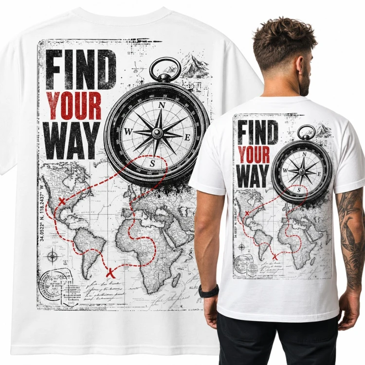 Koszulka męska kompas i mapa świata „Find your way” - duży nadruk na plecach