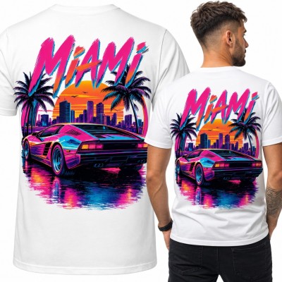 Koszulka męska „Miami” z neonowym autem retro i palmami - duży nadruk na plecach