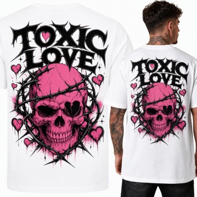 Koszulka męska „Toxic Love” z różową czaszką w cierniach - duży nadruk na plecach