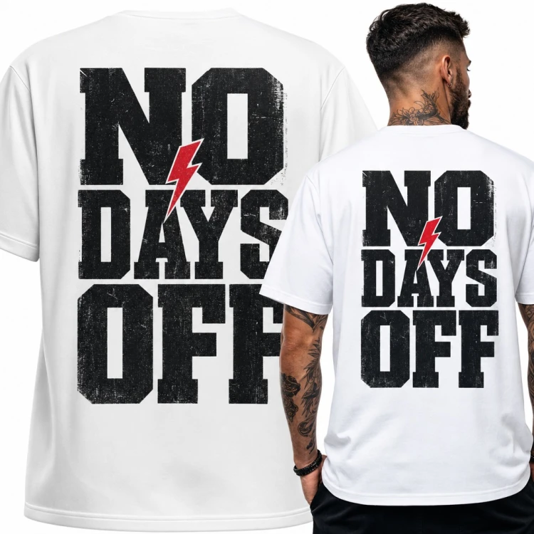 Koszulka męska „No days off” z czerwoną błyskawicą na siłownię - duży nadruk na plecach