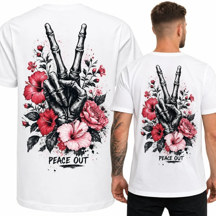 Koszulka męska szkieletowa dłoń w kwiatach „Peace out” - duży nadruk na plecach