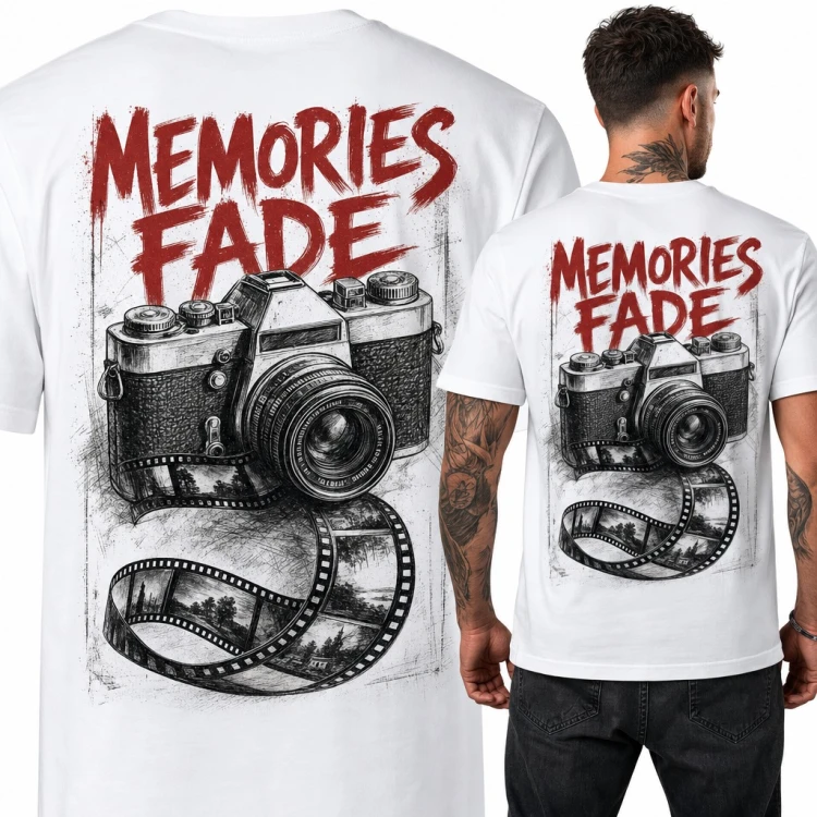 Koszulka męska „Memories fade” z aparatem analogowym i kliszą - duży nadruk na plecach