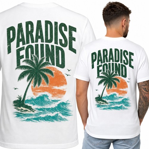Koszulka męska „Paradise found” - palma, ocean i zachód słońca - duży nadruk na plecach