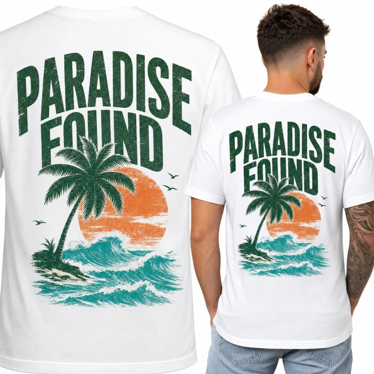Koszulka męska „Paradise found” - palma, ocean i zachód słońca - duży nadruk na plecach