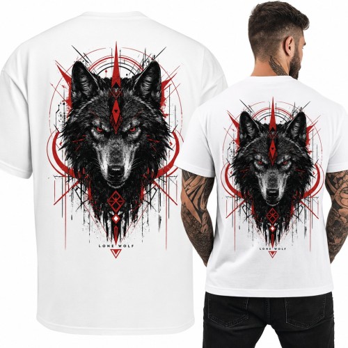 Koszulka męska z wilkiem „Lone Wolf” - geometryczny wzór z czerwonymi oczami - duży nadruk na plecach