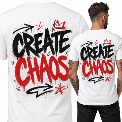 Koszulka męska „Create Chaos” graffiti z koroną i gwiazdami - duży nadruk na plecach