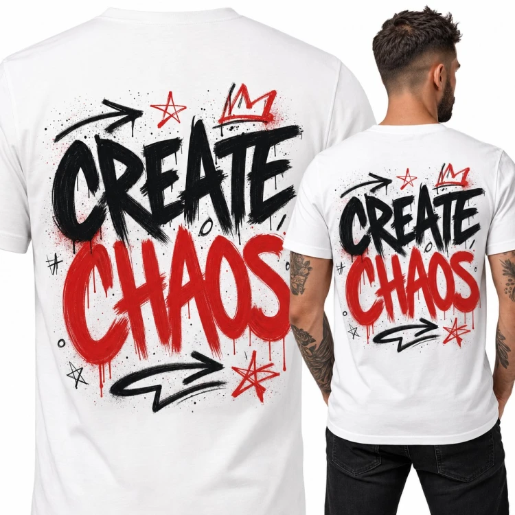 Koszulka męska „Create Chaos” graffiti z koroną i gwiazdami - duży nadruk na plecach