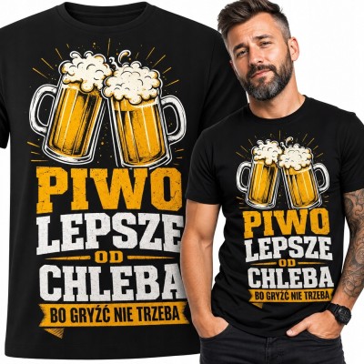 Koszulka męska z kuflami piwa „Piwo lepsze od chleba, bo gryźć nie trzeba”