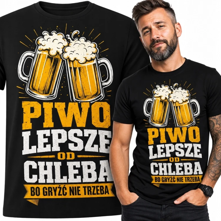 Koszulka męska z kuflami piwa „Piwo lepsze od chleba, bo gryźć nie trzeba”