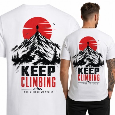 Koszulka męska „Keep climbing” - wspinacz na szczycie w czerwonym słońcu - duży nadruk na plecach