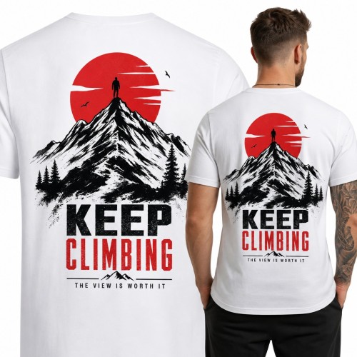 Koszulka męska „Keep climbing” - wspinacz na szczycie w czerwonym słońcu - duży nadruk na plecach