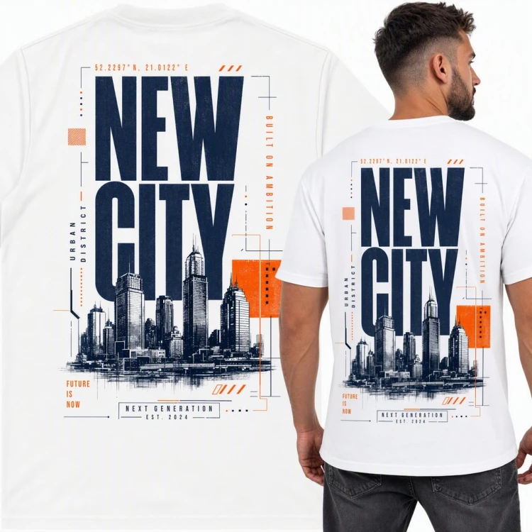 Koszulka męska „New City” z panoramą wieżowców - duży nadruk na plecach