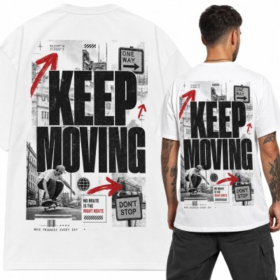 Koszulka męska „Keep Moving” ze skaterem i miejskim kolażem - duży nadruk na plecach