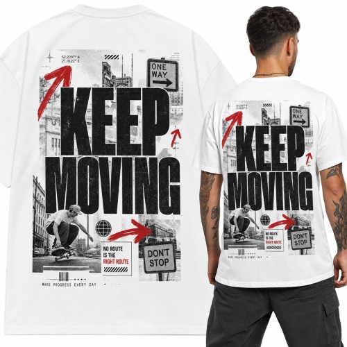Koszulka męska „Keep Moving” ze skaterem i miejskim kolażem - duży nadruk na plecach