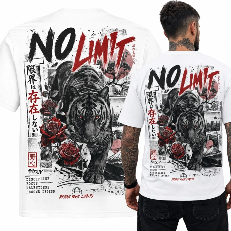 Koszulka męska „No Limit” z czarnym tygrysem i różami w japońskim stylu - duży nadruk na plecach