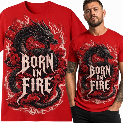 Koszulka męska ze smokiem w płomieniach „Born in Fire” - orientalny wzór