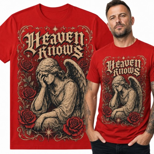 Koszulka męska „Heaven Knows” - płaczący anioł wśród róż w gotyckim stylu