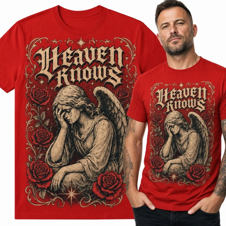 Koszulka męska „Heaven Knows” - płaczący anioł wśród róż w gotyckim stylu