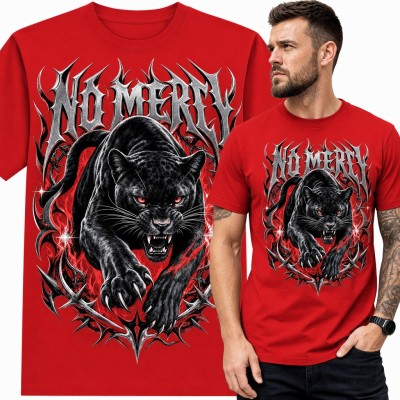 Koszulka męska z czarną panterą „No Mercy” - metalowy napis i ostre ornamenty