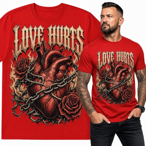 Koszulka męska „Love Hurts” - anatomiczne serce w łańcuchu i cierniach z różami