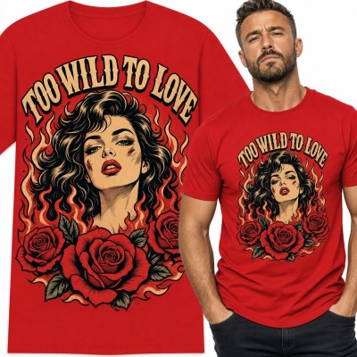 Koszulka męska „Too wild to love” - dziewczyna pin-up w płomieniach i czerwone róże