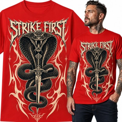 Koszulka męska kobra ze sztyletem „Strike First” - metalowy wzór