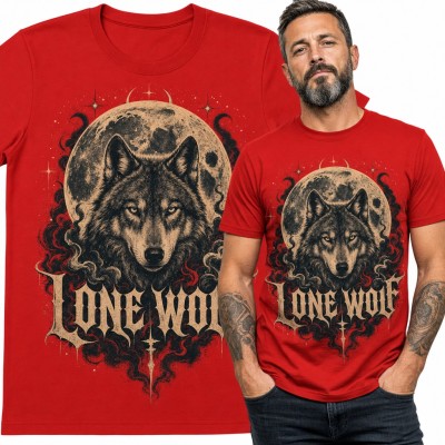 Koszulka męska z wilkiem na tle pełni księżyca „Lone Wolf”