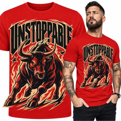 Koszulka męska „Unstoppable” - szarżujący byk w płomieniach
