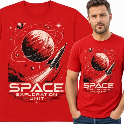Koszulka męska „Space Exploration Unit” - retro rakieta i planeta z pierścieniami