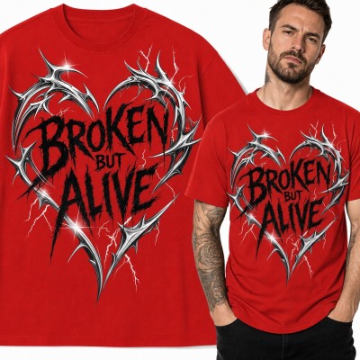 Koszulka męska „Broken but Alive” - chromowane kolczaste serce w stylu metal