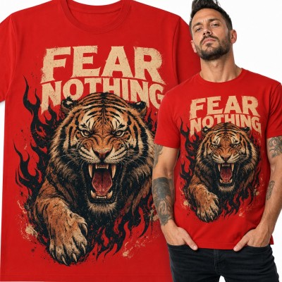 Koszulka męska „Fear Nothing” - ryczący tygrys w czarnych płomieniach