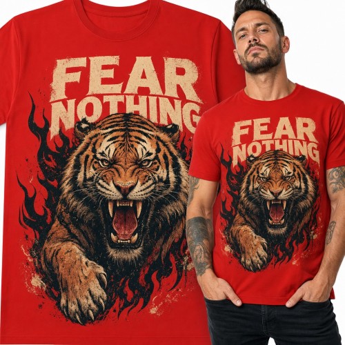 Koszulka męska „Fear Nothing” - ryczący tygrys w czarnych płomieniach