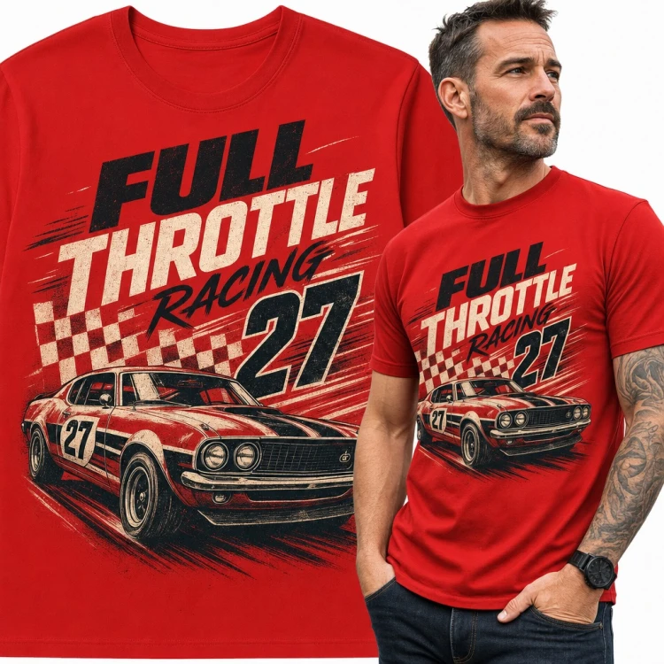 Koszulka męska „Full Throttle Racing 27” - retro samochód wyścigowy z szachownicą