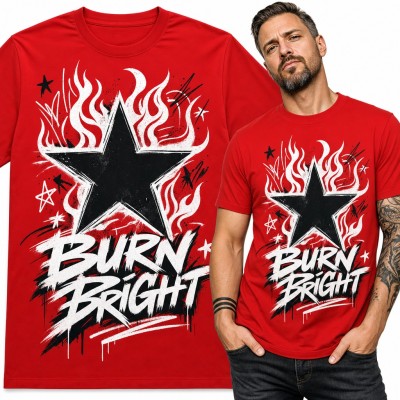 Koszulka męska „Burn Bright” - czarna gwiazda w płomieniach w stylu graffiti