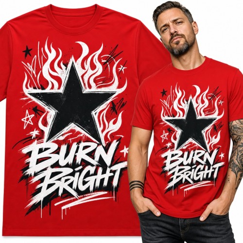 Koszulka męska „Burn Bright” - czarna gwiazda w płomieniach w stylu graffiti