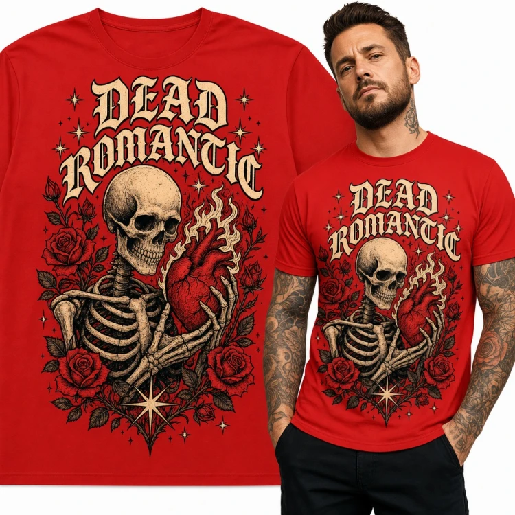 Koszulka męska „Dead Romantic” - szkielet z płonącym sercem i różami