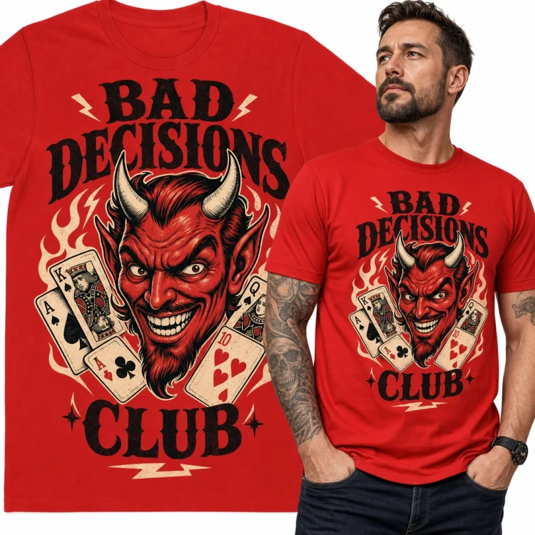 Koszulka męska „Bad Decisions Club” - diabeł z kartami pokerowymi dla pokerzysty