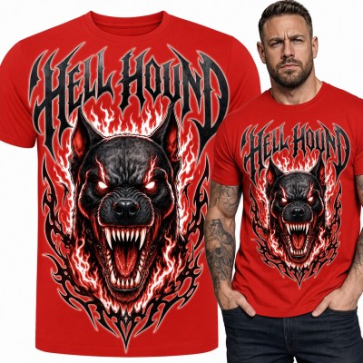 Koszulka męska „Hell Hound” - piekielny pies w płomieniach dla fana metalu